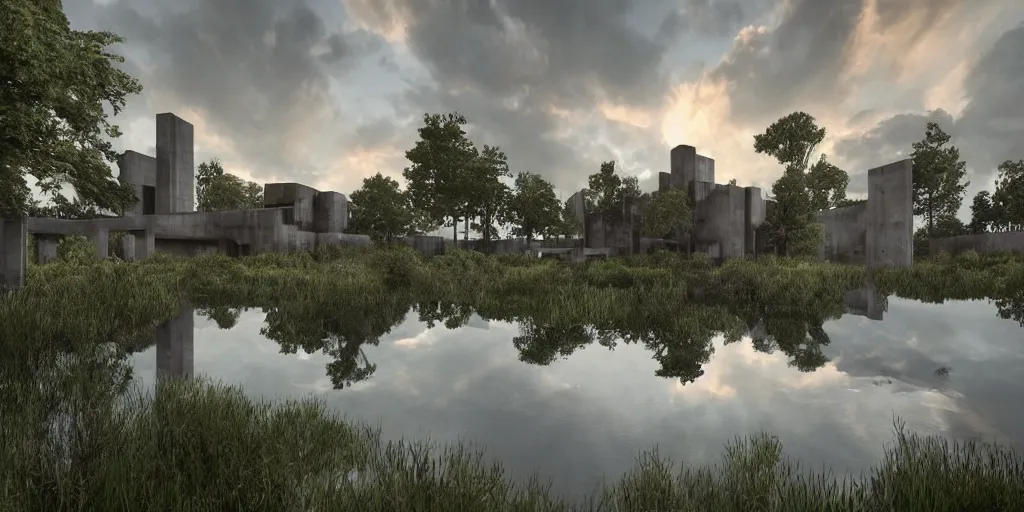 Image similar to an extremely detailed cathedral of brutalist architecture, surrounded by lush green forest, accurate reflections in small ponds of water, stunning volumetric lighting, sunset, rusted steel, smooth concrete, stunning skies, trending on Artstation, 8k, photorealistic, hyper detailed, unreal engine 5, IMAX quality, cinematic, epic lighting, in the style of Greg Rutkowski