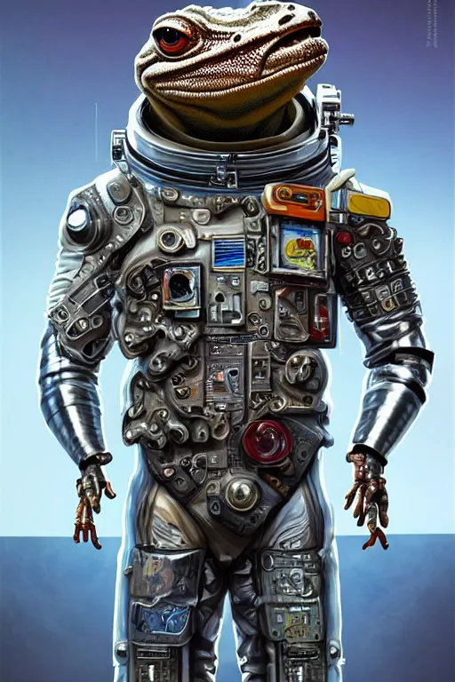 Prompt: a portrait of a muscular anthropomorphic cyberpunk gecko lizard with big head in spacesuit armor with ensignia on chest plate by sandra chevrier, by jon foster, detailed render, pistol in holster, tape deck, epic composition, cybernetics, 4 k realistic, cryengine, realistic shaded lighting, sharp focus, masterpiece, by enki bilal