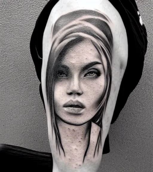 Image similar to creative blend effect of beautiful mountain scenery with a beautiful woman face, tattoo design sketch, hyper - realistic, in the style of matteo pasqualin, amazing detail, black and white