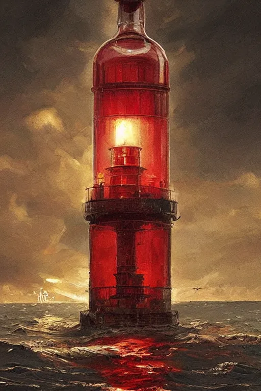 Image similar to imagine a ship in a bottle but instead of a ship there is a red and white lighthouse inside the bottle, very fancy whiskey bottle, masterpiece painting by greg rutkowski and jakub rebelka