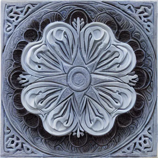 Prompt: paisley, fractals, swirls, carved soapstone relief paneling white and pale blue
