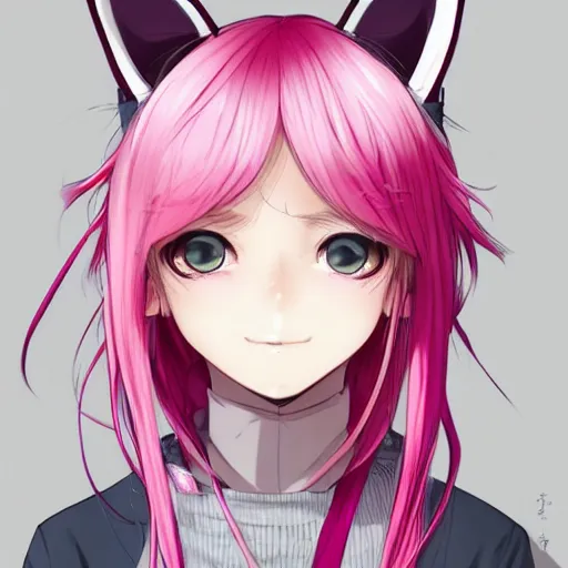 Prompt: A full headshot portrait of a woman with cat ears and pink hair, By shirow masamune, WLOP, Avetetsuya Studios, colored sketch anime manga panel, trending on artstation, pixiv art, smooth, artgem, elegant, highly detailed, pixiv trending, anime inspired, by studio trigger, attractive character