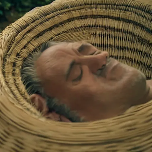 Image similar to close - up of a priest sleeping in a wicker coffin, cinematic shot, photo still from movie by ari aster