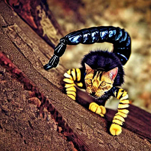 Prompt: a scorpion - cat - hybrid. animal photography,