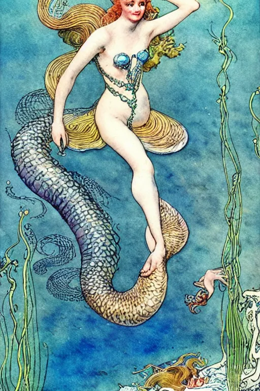 Image similar to woman with two eel tails for legs underwater, fantasy art, little mermaid fairytale, art by hans zatzka and walter crane and kay nielsen, watercolor illustration,