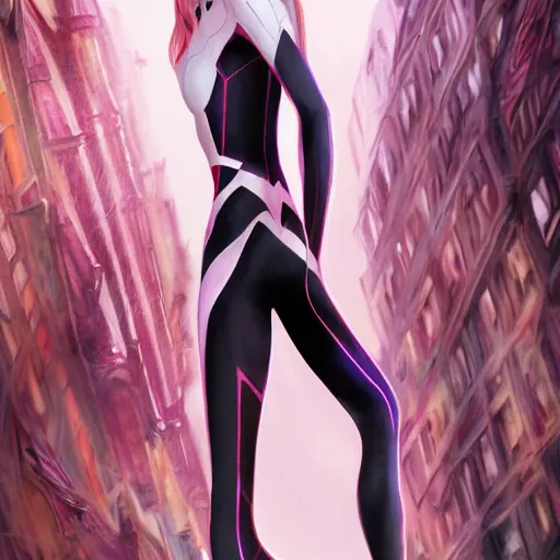 Image similar to young michelle pfeiffer as spider - gwen, fantasy, intricate, elegant, highly detailed, digital painting, artstation, concept art, smooth, sharp focus, contemporary fashion shoot, by edward robert hughes, annie leibovitz and steve mccurry, david lazar, jimmy nelsson, extremely detailed, hyperrealistic, perfect face, octane render