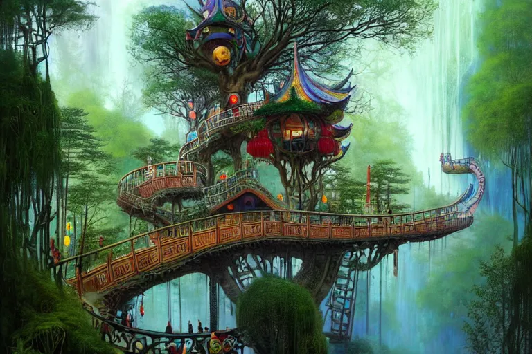 Prompt: treehouse from hundertwasser and gaudi in a deep mystical forest with a bridge, floating chinese lampoons, lake, waterfall, tall people walking and discussing, dynamic lighting, art by peter mohrbacher and john howe on artstation, mix with rivendell architecture,
