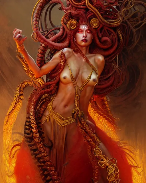 Image similar to fierce medusa in an epic red and golden dress standing in an old temple yard, fantasy character portrait, ultra realistic, concept art, intricate details, highly detailed by greg rutkowski, gaston bussiere, craig mullins, simon bisley