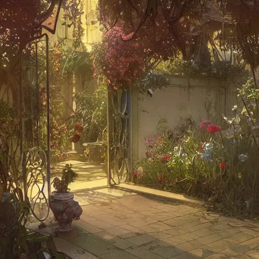 Prompt: Concept art, A garden at dusk, 8k, alphonse mucha, james gurney, greg rutkowski, john howe, artstation