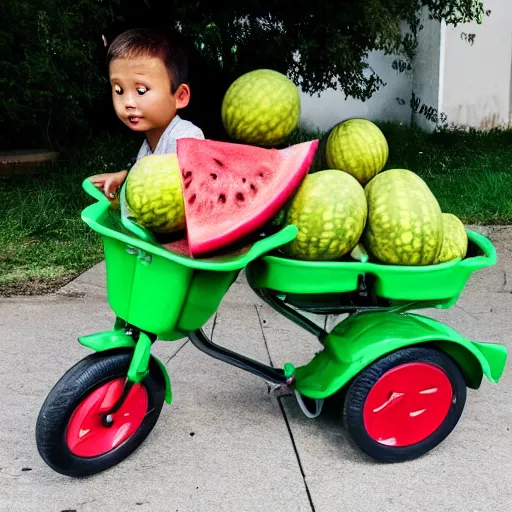 Prompt: a tricycle full of watermelons, an asian boy fell asleep in the car, summer