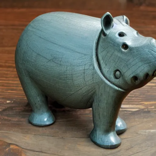 Image similar to wood block small hippo statue, wood blocks bottom hippo body, blue chrome top hippo body, by a genius craftsman, highly detailed, wood block legs