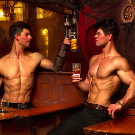 Prompt: attractive muscular male with dark red hair with muscular attractive male with black hair, drinking their hearts out, in a pub. very defined and highly detailed painting by gaston bussiere, j. c. leyendecker, craig mullins 8 k