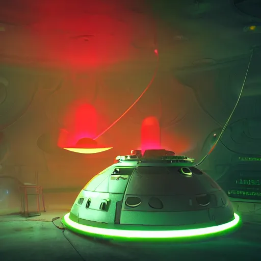 Image similar to aliens inside of a haunted space ship experimenting on humans with giant cats filled with a neon red alien substance, volumetric lighting, ultra detailed