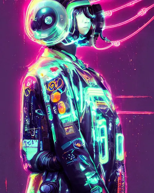 Image similar to detailed full body side profile portrait Neon Operator Girl, cyberpunk futuristic neon, reflective puffy coat, decorated with traditional Japanese ornaments by Ismail inceoglu dragan bibin hans thoma greg rutkowski Alexandros Pyromallis Nekro Rene Maritte Illustrated, Perfect face, fine details, realistic shaded, fine-face, pretty face