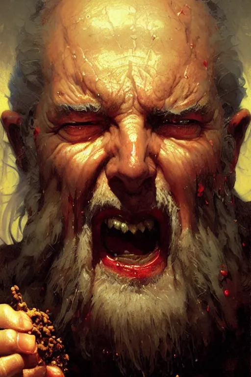 Prompt: an evil old wizard eating baked beans, extreme close up insane face portrait dnd, painting by gaston bussiere, craig mullins, greg rutkowski, yoji shinkawa