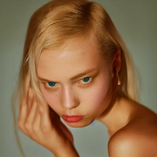 Image similar to realistic photoshooting for a new aime leon dore lookbook, color film photography, portrait of a beautiful blonde woman, in style of Tyler Mitchell, 35mm, graflex