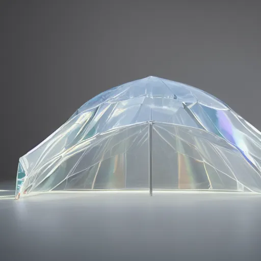 Image similar to an ultra high definition professional studio quality photograph of a transparent iridescent perspex pastel coloured raincoat tent combo on a model in an empty white room. dramatic lighting, ray tracing, refraction, shallow d. o. f, colour corrected, golden ratio, three point light. volumetric shadows. light rays.