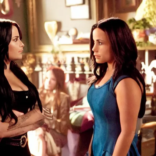 Image similar to Demi Lovato as Piper Halliwell and Selena Gomez as Phoebe Halliwell and Ariana Grande as Prue Halliwell in a Charmed movie directed by Christopher Nolan, movie still frame, promotional image, imax 35 mm footage