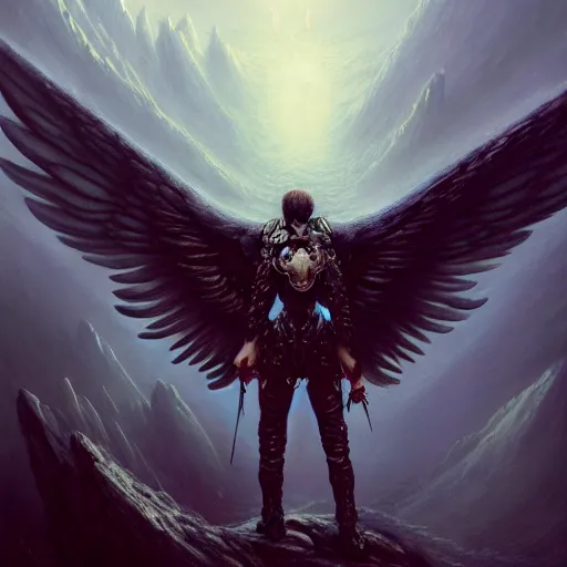 Image similar to painting of a fallen angel paladin with big burnt wings reaching the summit of a haunted mountain, sharp focus, award - winning, trending on artstation, masterpiece, highly detailed, intricate. art by seb mckinnon