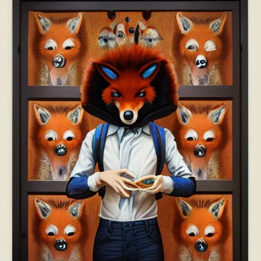 Image similar to a cute male anthropomorphic vulpes vulpes fulva in school hallway, pixar style, by tristan eaton stanley artgerm and tom bagshaw.