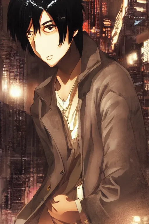 Prompt: manga cover, black-haired short-haired male indian teenager wearing a brown jacket, middle-parted hair, intricate cyberpunk city, emotional lighting, character illustration by tatsuki fujimoto