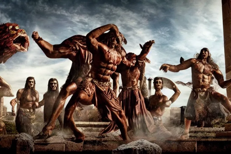 Image similar to horrible giant demons outside ancient greek temple. bollywood fantasy action movie still.