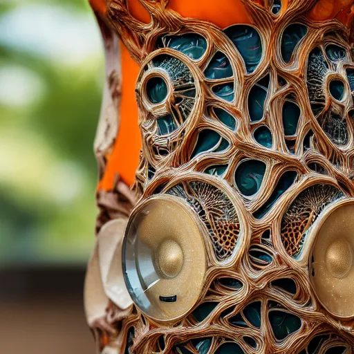 Image similar to Harman Kardon Speaker inspired by Art nouveau , fungi, fractal roots, honey, glaze, orange with teal details, designed by Antoni Gaudí, Sigma 85mm f/8 1/1000 sec shutter, high detail, Sotheby\'s