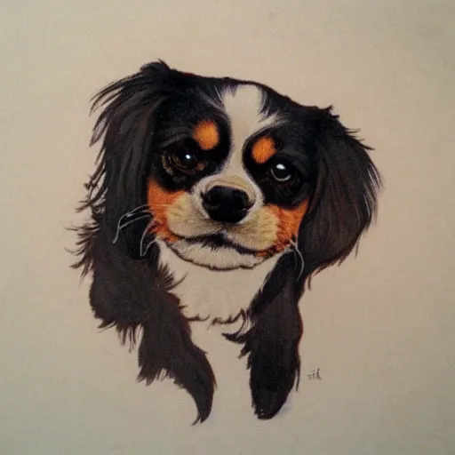 Prompt: black cavalier king charles spaniel in the style of mucha