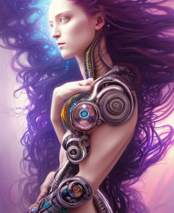 Image similar to a whirlwind of souls rushing inside the metaverse, half body, jewelry, hologram, dreads, android, cyborg, cyberpunk face, by loish, d & d, fantasy, intricate, elegant, highly detailed, colorful, vivid color, digital painting, artstation, concept art, art by artgerm and greg rutkowski and alphonse mucha