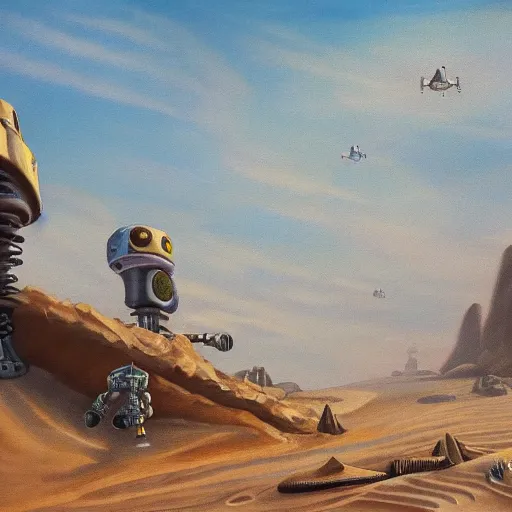 Image similar to painting of a sand landscape, futuristic, buried wreckage of steampunk robots, oasis, 4 k, desolation