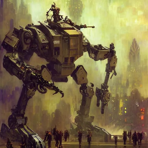 Image similar to six meters tall mech fighting in an urban environment, epic action scene, by gaston bussiere craig mullins jc leyendecker gustav klimt artgerm greg rutkowski john berkey, bergey, craig mullins, ruan jia, raymond swanland, jeremy mann, tom lovell, alex malveda, ray casting, hdr