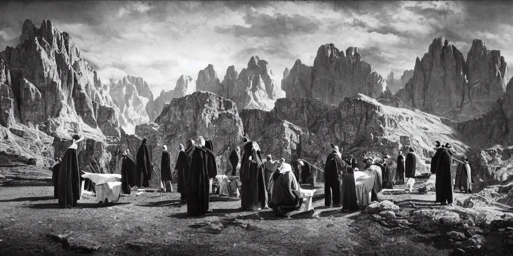 Prompt: 1920s photography of an occult ceremony meeting with dolomites in the background, priests with hay coats and horns, occult signs, wicca, alp, dolomites, alpine, detailed intricate insanely detailed octane render, 8k artistic 1920s photography, photorealistic, black and white, chiaroscuro, hd, by David Cronenberg, Raphael, Caravaggio