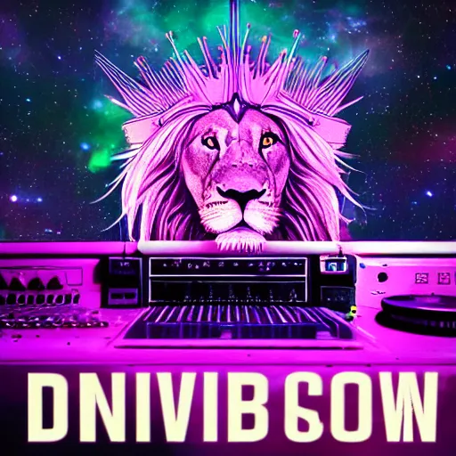 Prompt: Lion with crown in DJ booth in space, synthwave