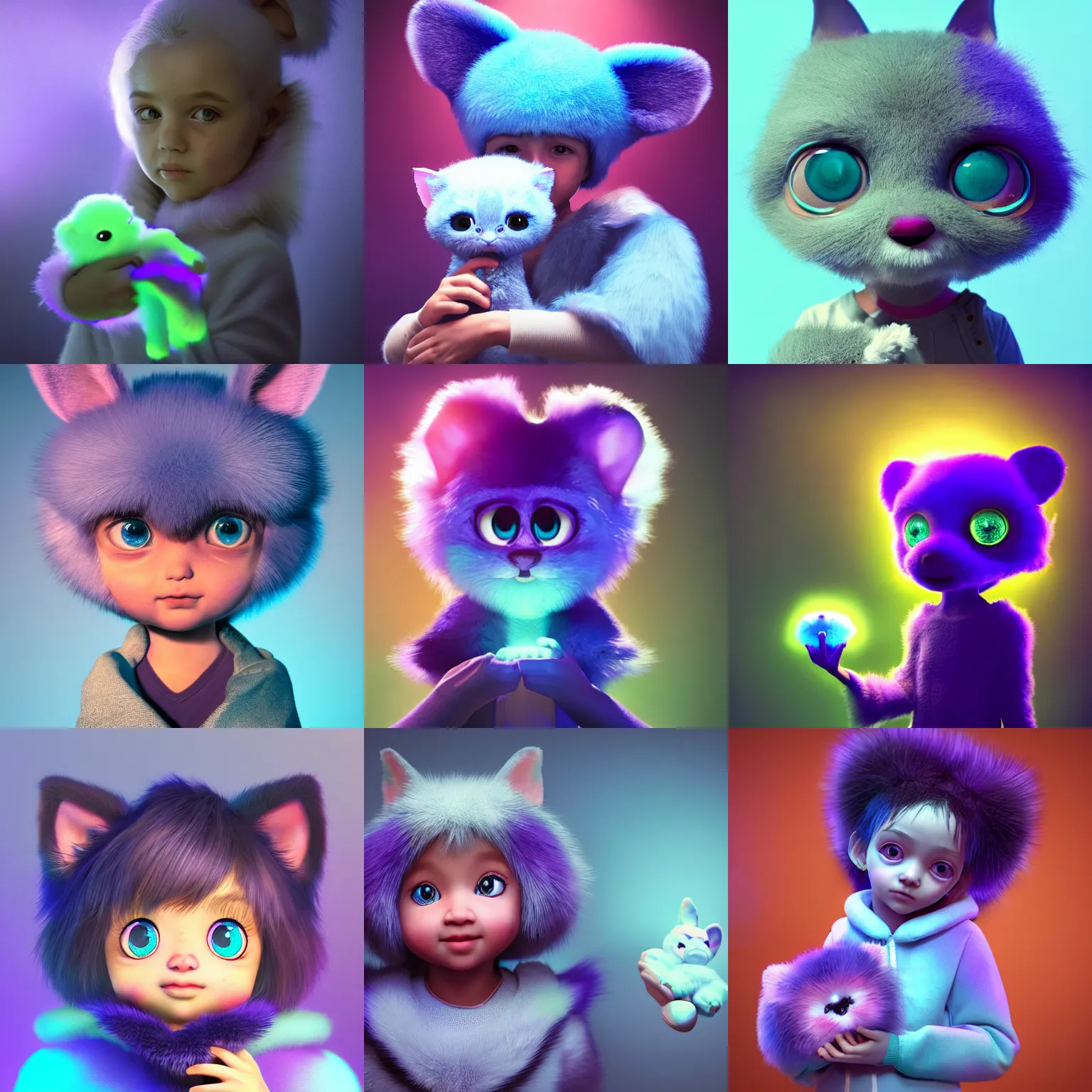 Prompt: ultra-realistic ultra-detailed adorable child holding a fluffy bioluminiscent creature in the style of nick silva, artstation, instagram, blue and purple fur, big ears, beautiful light big eyes, toy room, DOF, soft lighting, unreal engine render