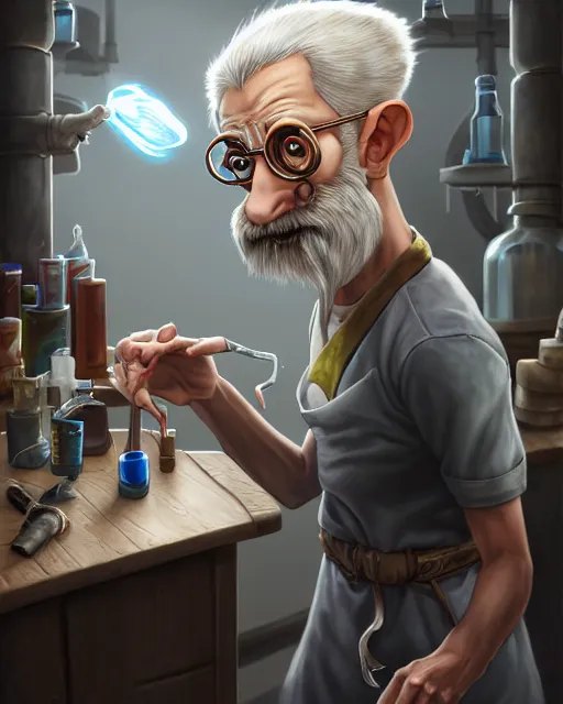 Prompt: An epic fantasy comic book style portrait painting of a !young man in a laboratory, very expressive, !!really short gray hairs, round face, wearing a shirt with horizontal stripes, handling laboratory equipment, character design by Mark Ryden and Pixar and Hayao Miyazaki, unreal 5, DAZ, hyperrealistic, octane render, cosplay, RPG portrait, dynamic lighting, intricate detail, summer vibrancy, cinematic