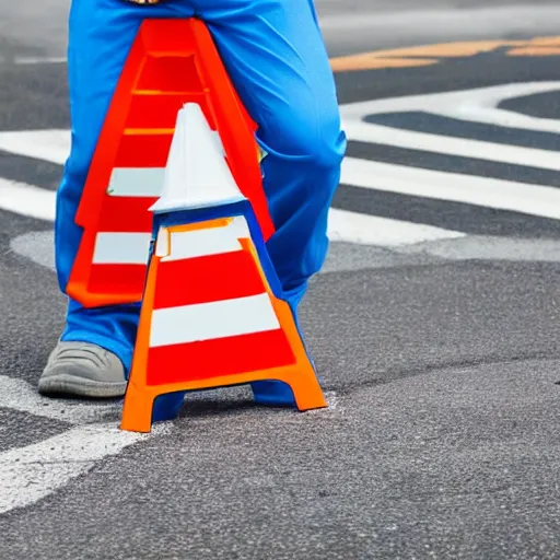 Prompt: a skeleton wearing a blue spendex suit with traffic - cones for hands