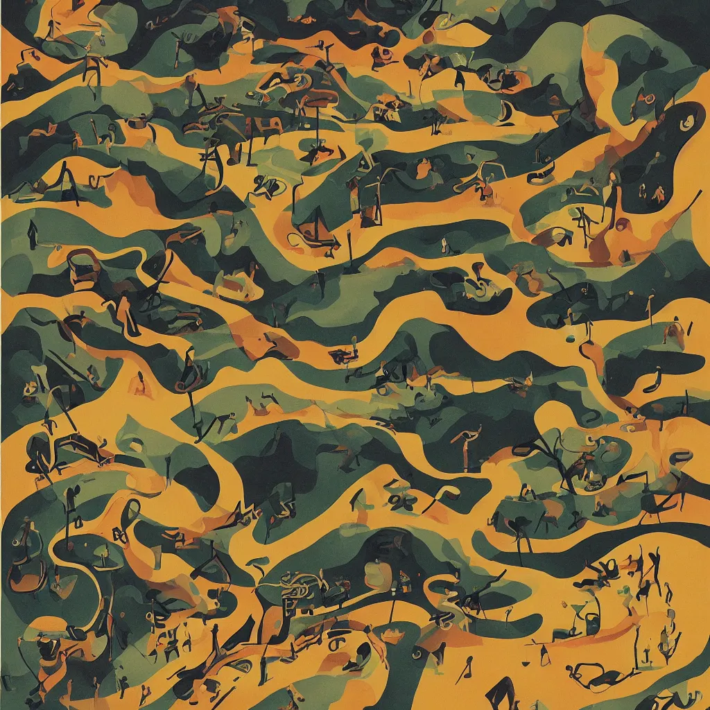 Image similar to a landscape of a world where the mountains are saxophones and the ground is a piano, jazz, illustration, 1 9 4 0's