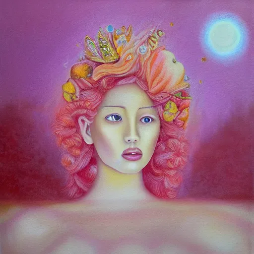 Prompt: pretty peach princess dream, oil and acrylic on canvas, surrealism, high detail