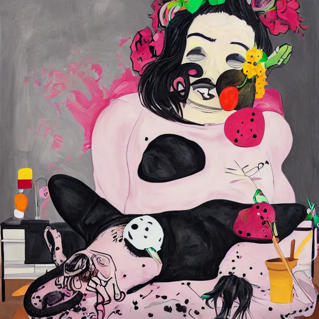 Image similar to a portrait in a female artist's bedroom, black walls, emo girl with a giant pig plushie, sheet music, berries, surgical supplies, pancakes, black flowers, sensual, octopus, neo - expressionism, surrealism, acrylic and spray paint and oilstick on canvas