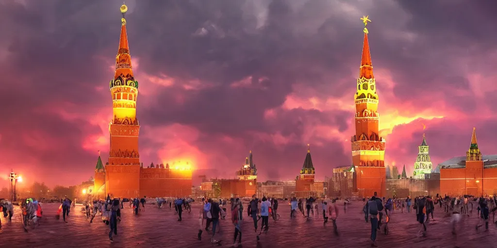 Image similar to a fiery thunderstorm with a tornado over red Square in Moscow, lot of people running and crying, photorealistic, 4k, unreal engine 5, trending on artstation, artstationHD