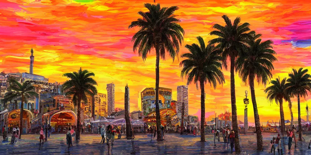 Prompt: sunset over tel aviv main square. colorful. highly detailed. palm trees. artstation trending. concept art. digital painting