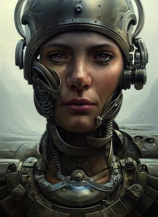 Image similar to closeup portrait shot of a cyborg soldier in a scenic dystopian environment, intricate, elegant, highly detailed, centered, digital painting, artstation, concept art, smooth, sharp focus, illustration, artgerm, tomasz alen kopera, peter mohrbacher, donato giancola, joseph christian leyendecker, wlop, boris vallejo