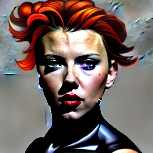 Image similar to greg manchess portrait of scarlett johansson as thick very muscular gothic weightlifter zarya from overwatch with short red hair and black lipstick, fantasy medium shot, asymmetrical, profile picture, organic painting, sunny day, matte painting, bold shapes, hard edges, street art, trending on artstation, by huang guangjian and gil elvgren and sachin teng