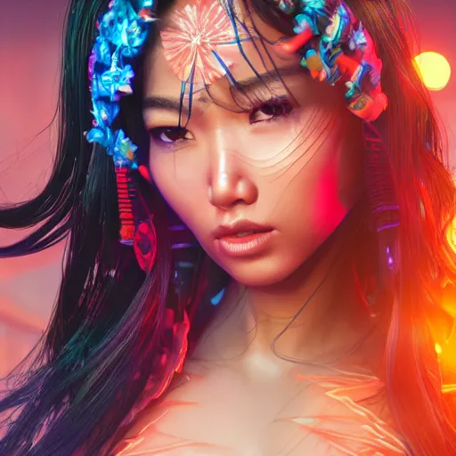 Prompt: a portrait of a full body beautiful futuristic asian hula girl, young with long hair, neon bioluminescence, hyper - realistic, very detailed, intricate, very sexy pose, slight smile expression, unreal engine, by artgerm, wlop and ross thran, dramatic cinematic lighting rendered by octane, 8 k, detailed