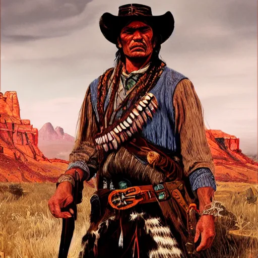 Prompt: portrait of a native american warrior of the old west, concept art, red dead redemption, django, fully coloured, golden hour, weird west, deadlands, dramatic lighting, digital art, 8 k, extremely detailed, drawn by ruan jia