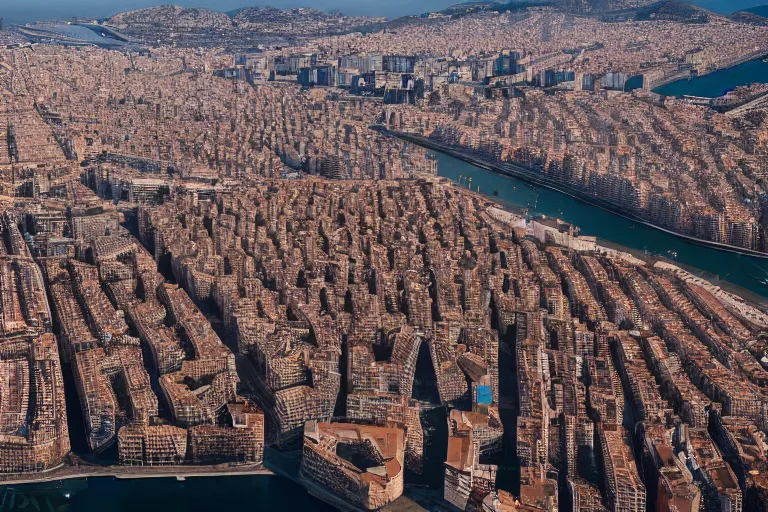 Prompt: dron views of dystopian barcelona city covered with water, global warming, sunset lighting, photo real