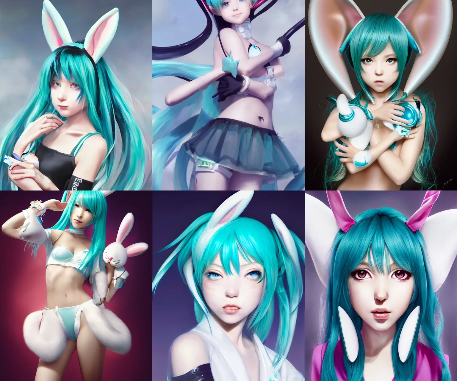 Prompt: hatsune miku with two white bunny ears, digital painting by Mario Testino, Stanley Artgerm Lau, WLOP, Andrei Riabovitchev, photorealist style, masterpiece, trending on artstation
