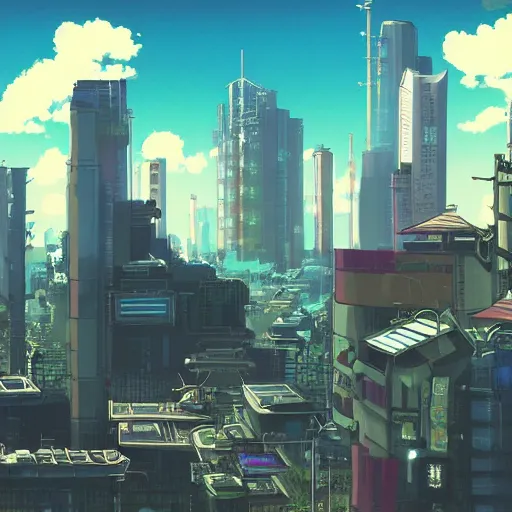 Prompt: cyberpunk laputa, studio ghibli, azure sky, anime background