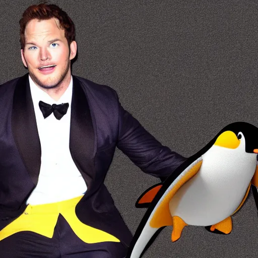 Image similar to chris pratt riding a penguin