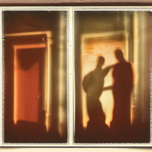 Prompt: Two male silhouettes on an abandoned theatre stage, polaroid picture, colour, bright, vignette, 4k